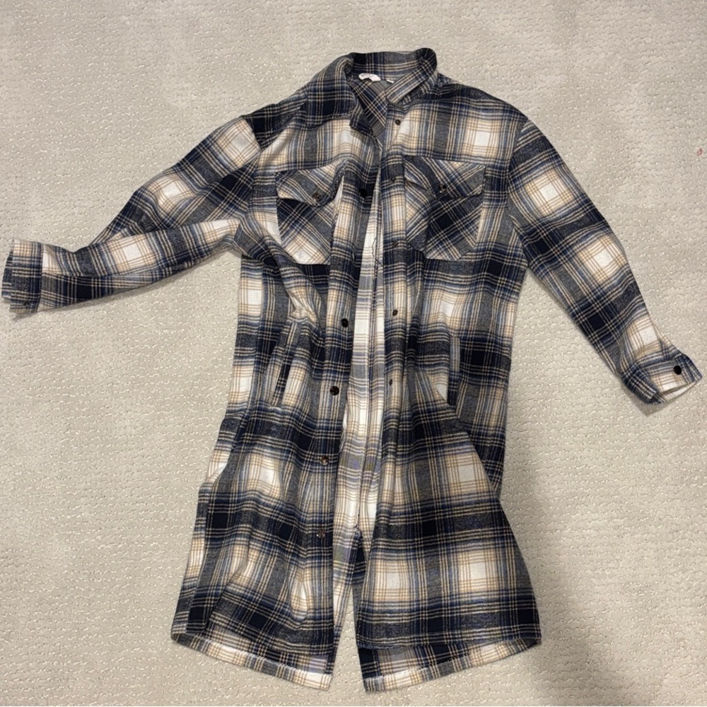 Elan Blue and Cream Plaid Long Jacket